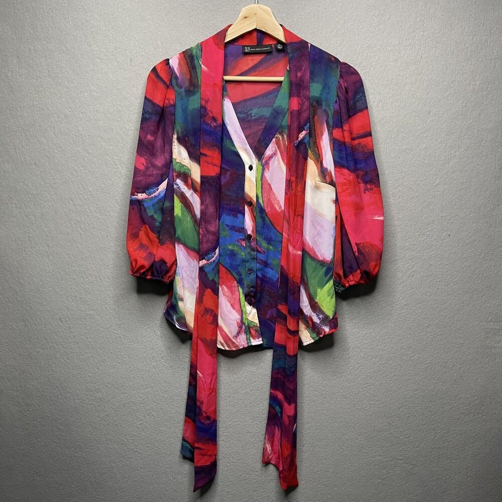 New York & Company Colorful Abstract Print Blouse M Petite